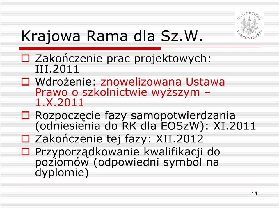 2011 Rozpoczęcie fazy samopotwierdzania (odniesienia do RK dla EOSzW): XI.