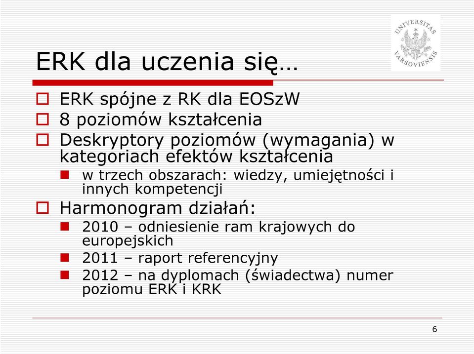 umiejętności i innych kompetencji Harmonogram działań: 2010 odniesienie ram krajowych