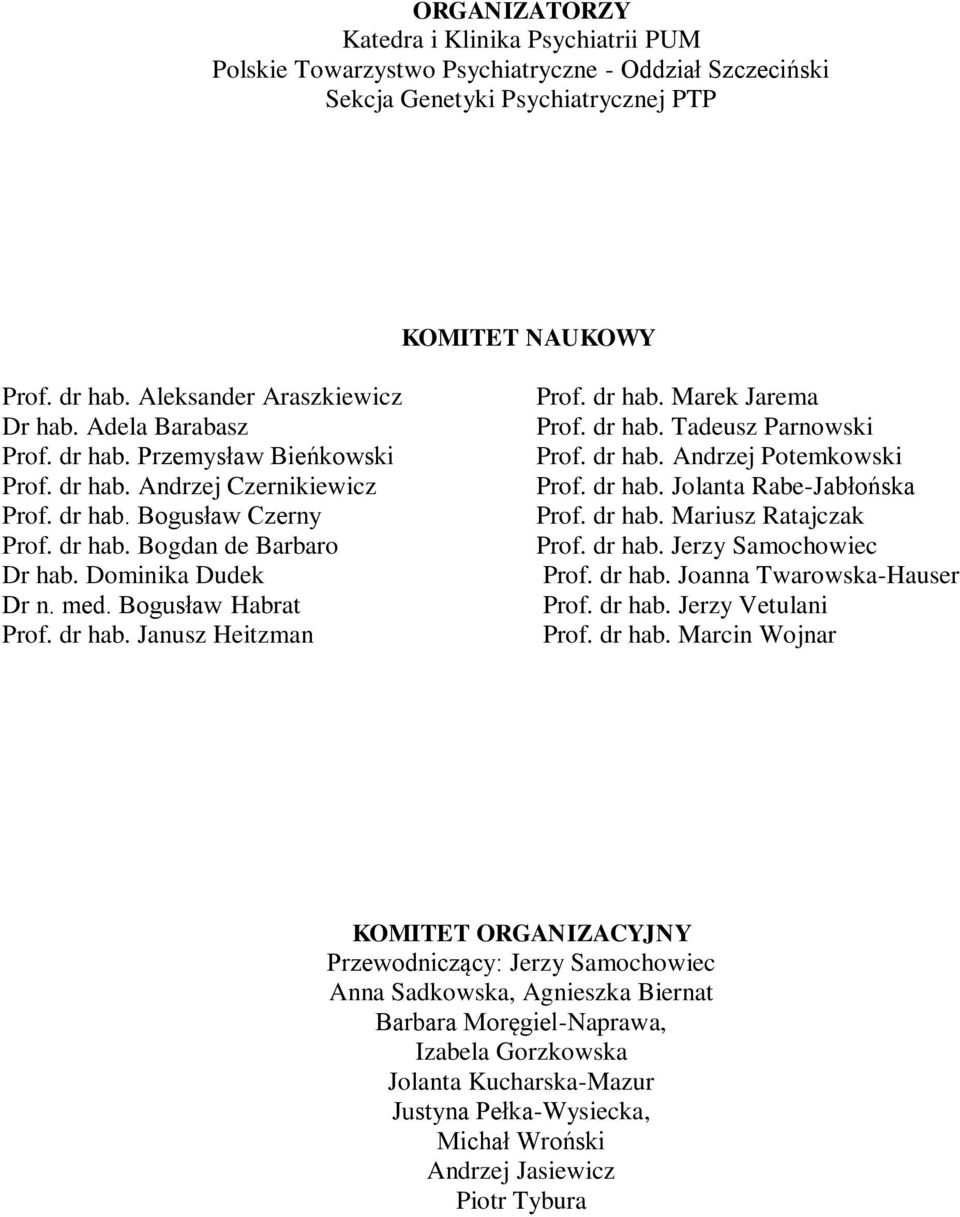 Dominika Dudek Dr n. med. Bogusław Habrat Prof. dr hab. Janusz Heitzman Prof. dr hab. Marek Jarema Prof. dr hab. Tadeusz Parnowski Prof. dr hab. Andrzej Potemkowski Prof. dr hab. Jolanta Rabe-Jabłońska Prof.