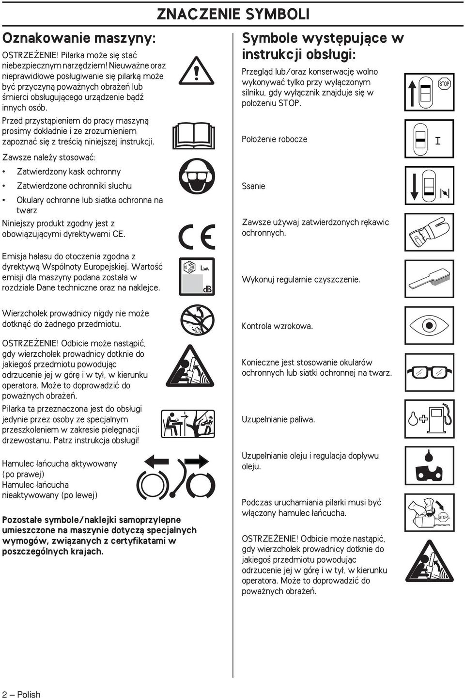 Zawsze nale y stosowaç: Zatwierdzony kask ochronny Zatwierdzone ochronniki s uchu Okulary ochronne lub siatka ochronna na twarz Niniejszy produkt zgodny jest z obowiàzujàcymi dyrektywami CE.