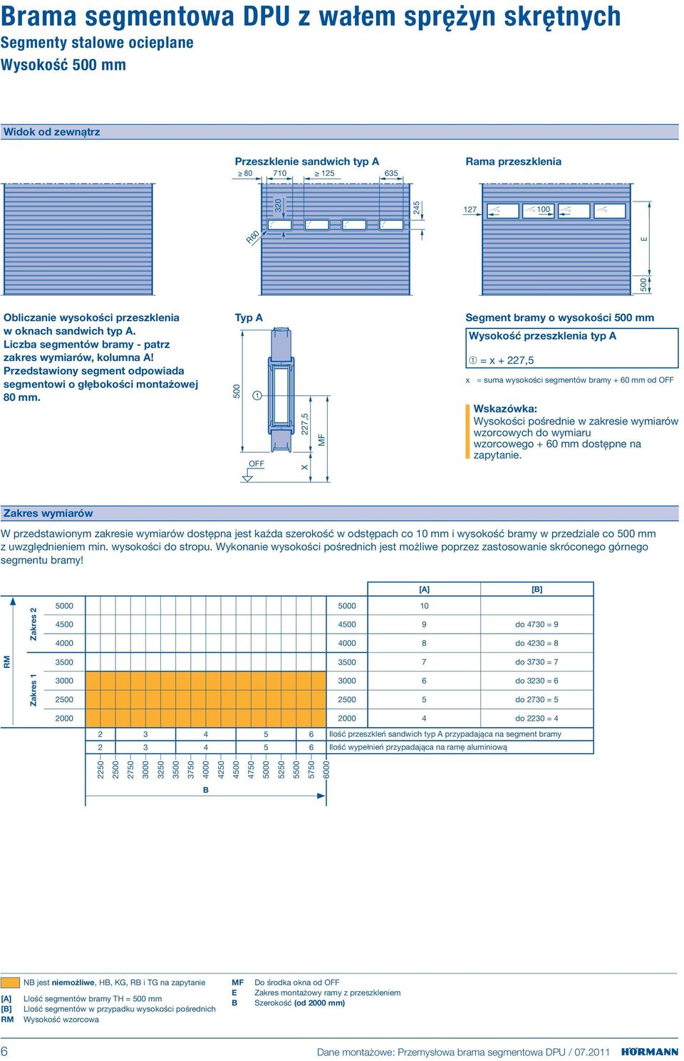 Typ A 500 O 227,5 X M Segment bramy o wysokości 500 mm x Wysokość przeszklenia typ A ➀ = x + 227,5 = suma wysokości segmentów bramy + 60 mm od O Wskazówka: Wysokości pośrednie w zakresie wymiarów