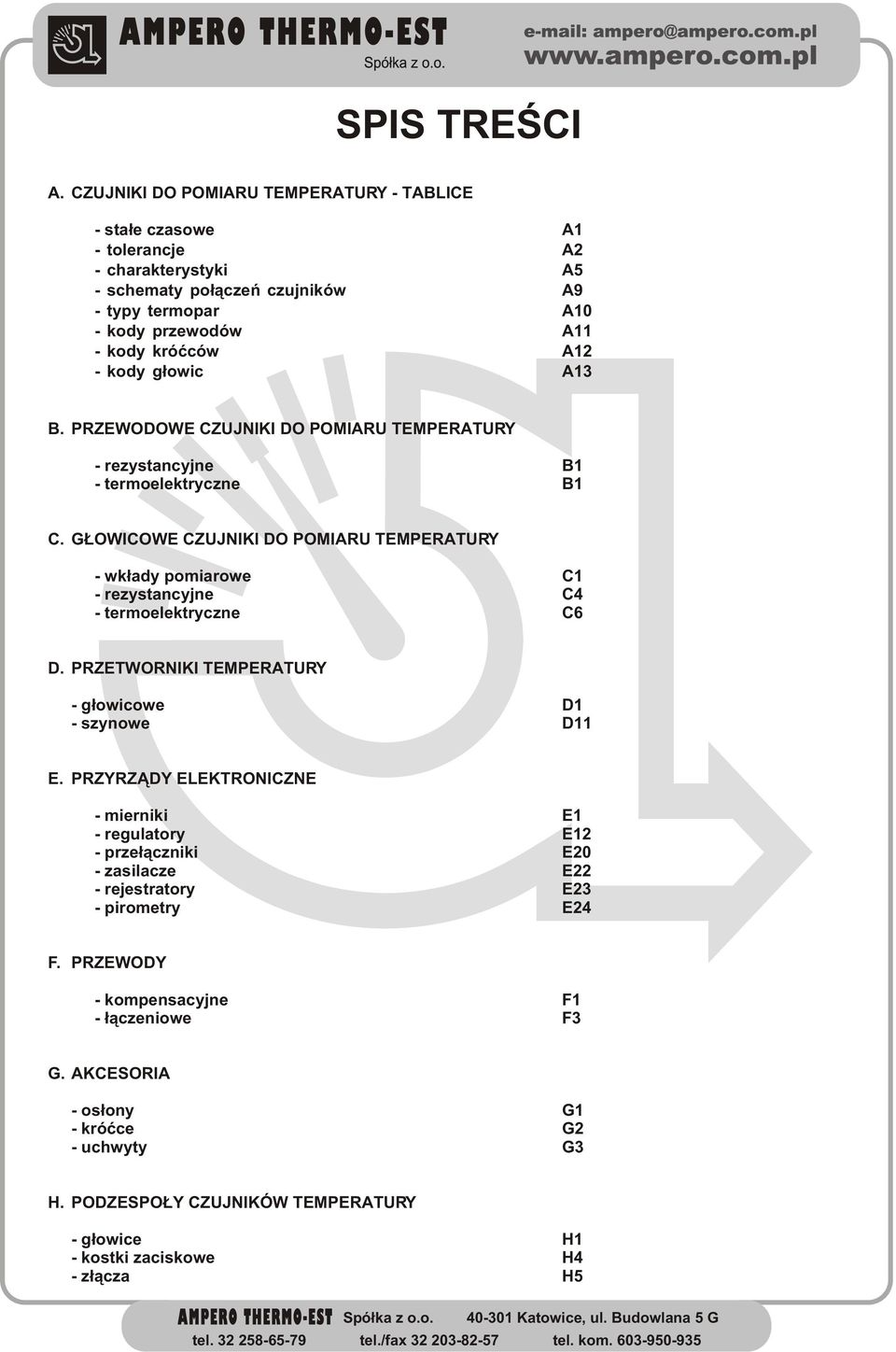 kody g³owic A13 B. PRZEWDWE CZUJNIKI D PMIARU TEMPERATURY - rezystancyjne B1 - termoelektryczne B1 C.