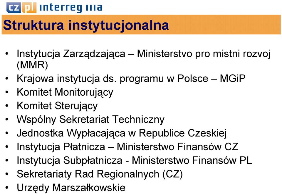 programu w Polsce MGiP Komitet Monitorujący Komitet Sterujący Wspólny Sekretariat Techniczny