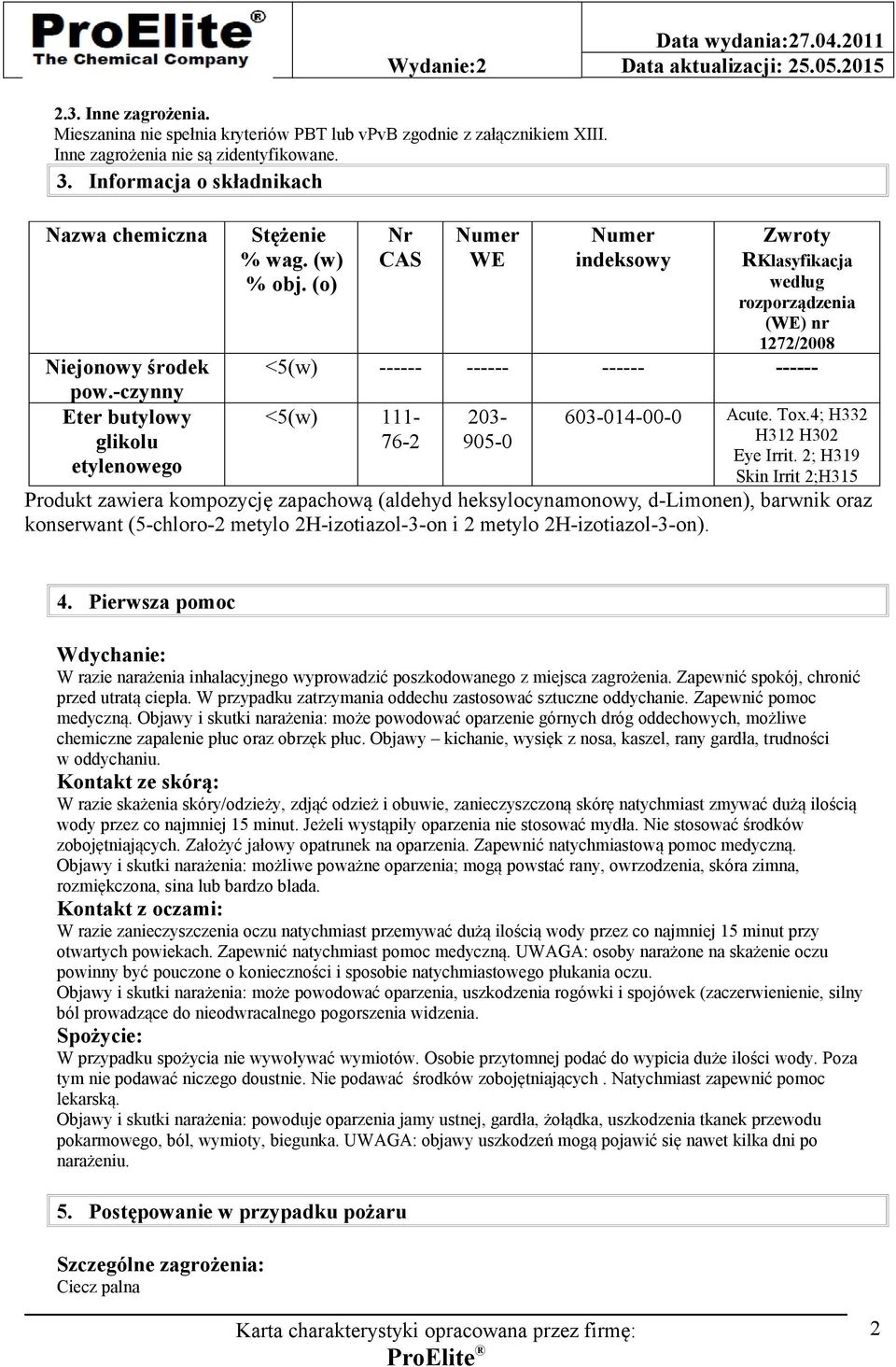 (o) Nr CAS Numer WE Numer indeksowy Zwroty RKlasyfikacja według rozporządzenia (WE) nr 1272/2008 <5(w) ------ ------ ------ ------ <5(w) 111-76-2 203-905-0 603-014-00-0 Acute. Tox.