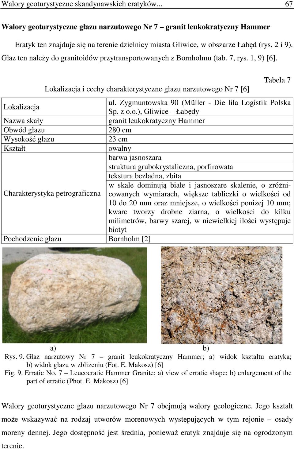 Głaz ten należy do granitoidów przytransportowanych z Bornholmu (tab. 7, rys. 1, 9) [6]. i cechy charakterystyczne głazu narzutowego Nr 7 [6] Tabela 7 ul.