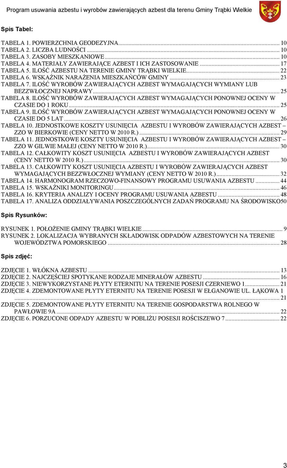 .. 25 TABELA 8. ILOŚĆ WYROBÓW ZAWIERAJĄCYCH AZBEST WYMAGAJĄCYCH PONOWNEJ OCENY W CZASIE DO 1 ROKU... 25 TABELA 9. ILOŚĆ WYROBÓW ZAWIERAJĄCYCH AZBEST WYMAGAJĄCYCH PONOWNEJ OCENY W CZASIE DO 5 LAT.
