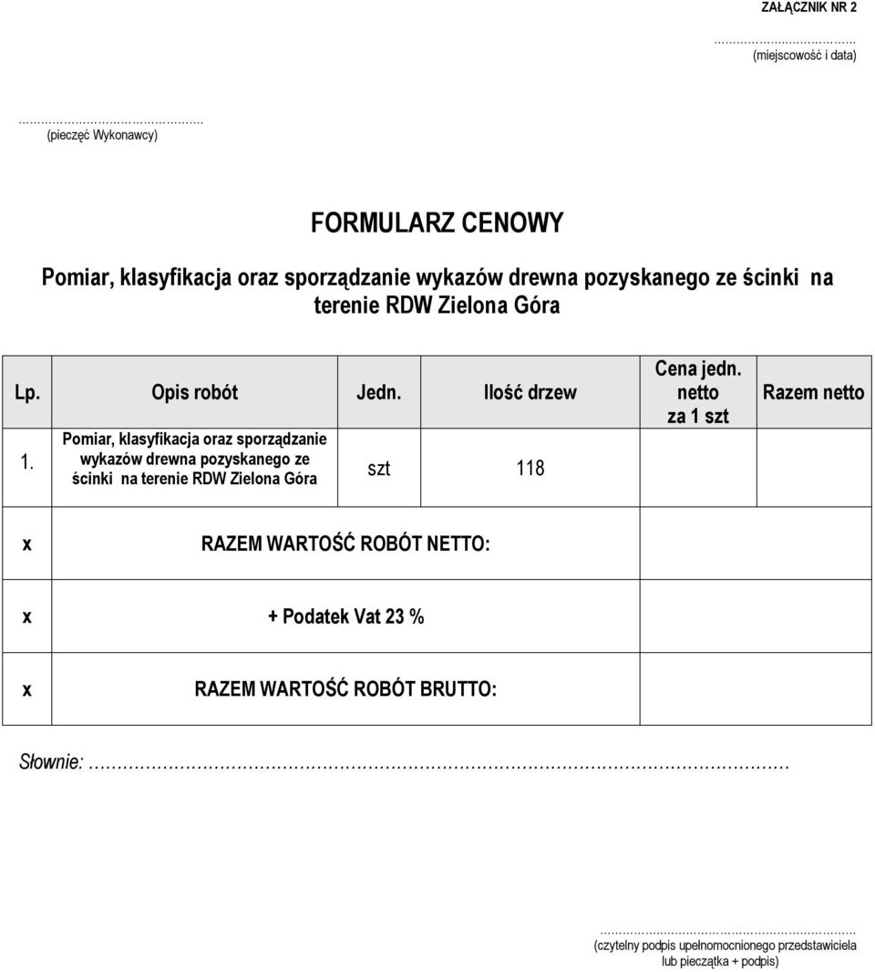 Zielona Góra Lp. Opis robót Jedn. Ilość drzew 1.