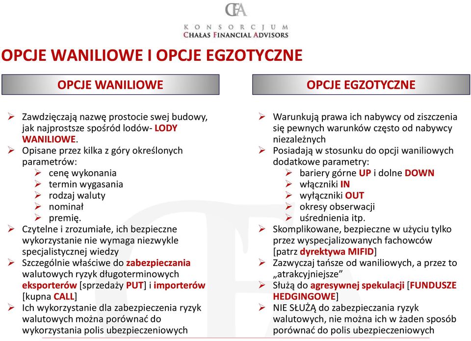 Czytelne i zrozumiałe, ich bezpieczne wykorzystanie nie wymaga niezwykle specjalistycznej wiedzy Szczególnie właściwe do zabezpieczania walutowych ryzyk długoterminowych eksporterów[sprzedaży PUT] i