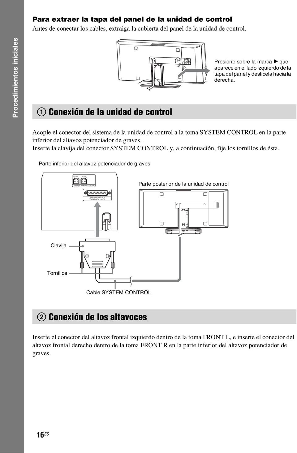 Procedimientos iniciales 1 Conexión de la unidad de control R AUDIO IN VIDEO COAXIAL TV VIDEO OUT DIGITAL OUT Presione sobre la marca B que aparece en el lado izquierdo de la tapa del panel y