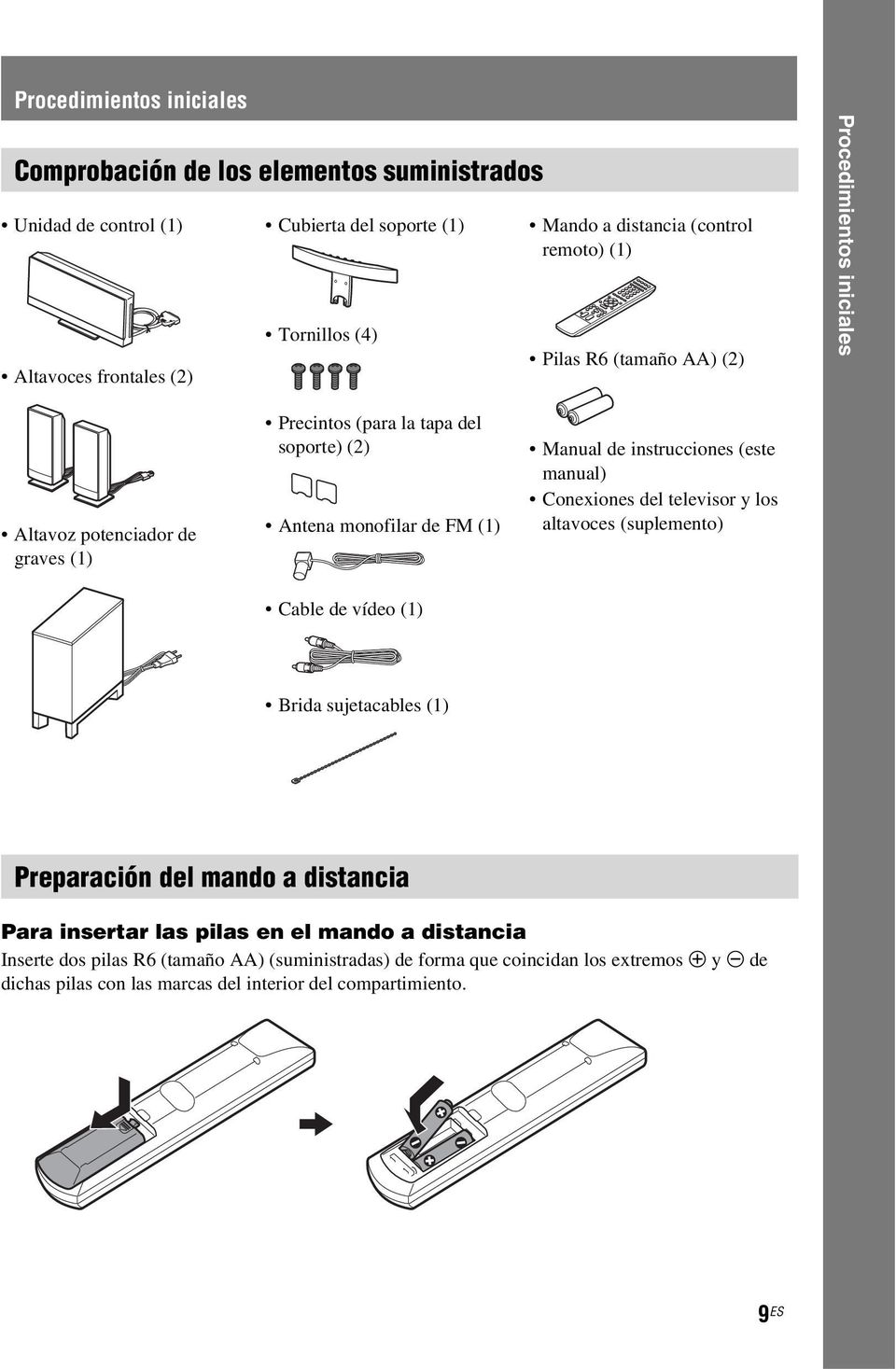 de vídeo (1) Manual de instrucciones (este manual) Conexiones del televisor y los altavoces (suplemento) Brida sujetacables (1) Preparación del mando a distancia Para insertar las