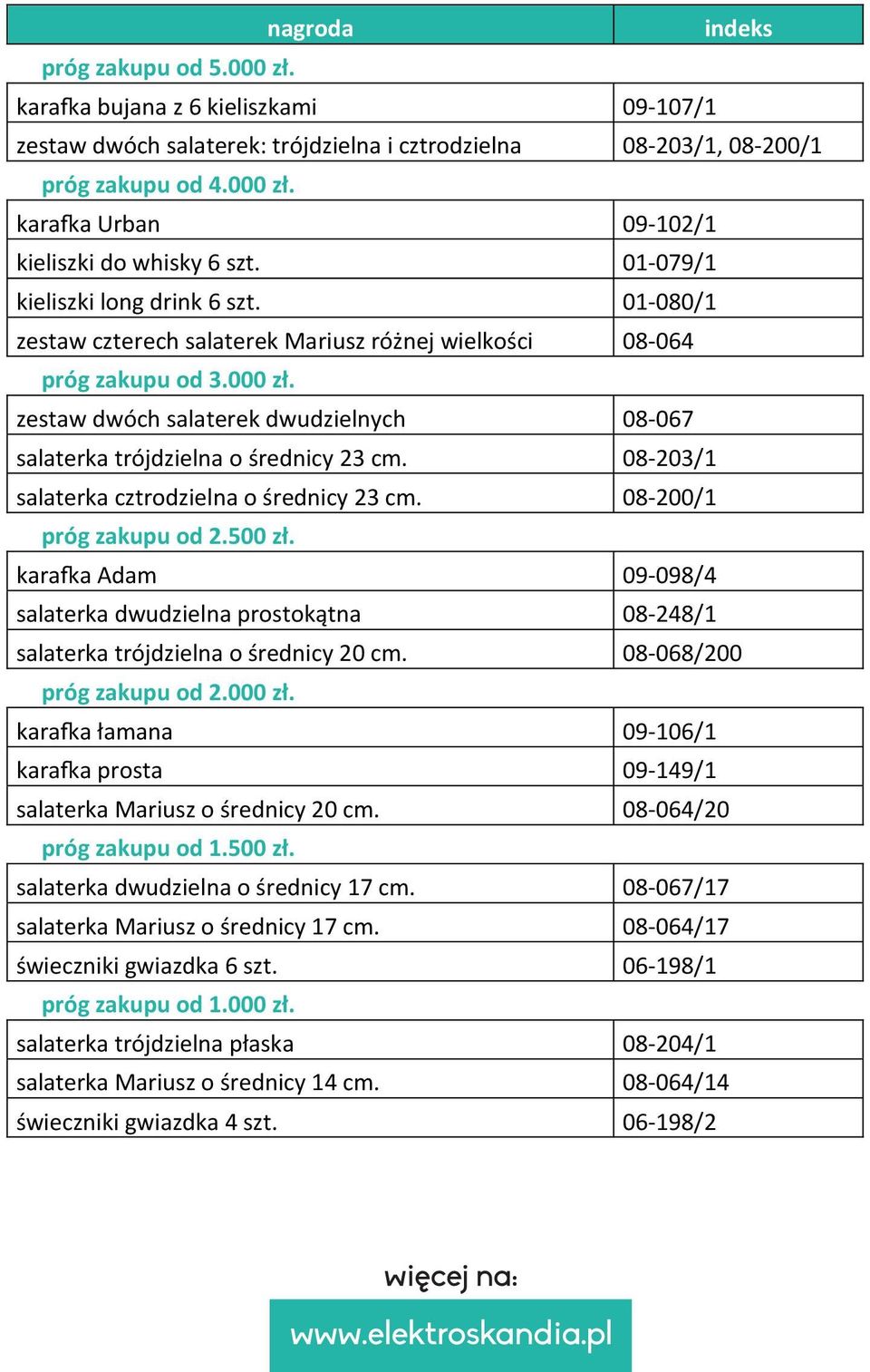 zestaw dwóch salaterek dwudzielnych 08-067 salaterka trójdzielna o średnicy 23 cm. 08-203/1 salaterka cztrodzielna o średnicy 23 cm. 08-200/1 próg zakupu od 2.500 zł.