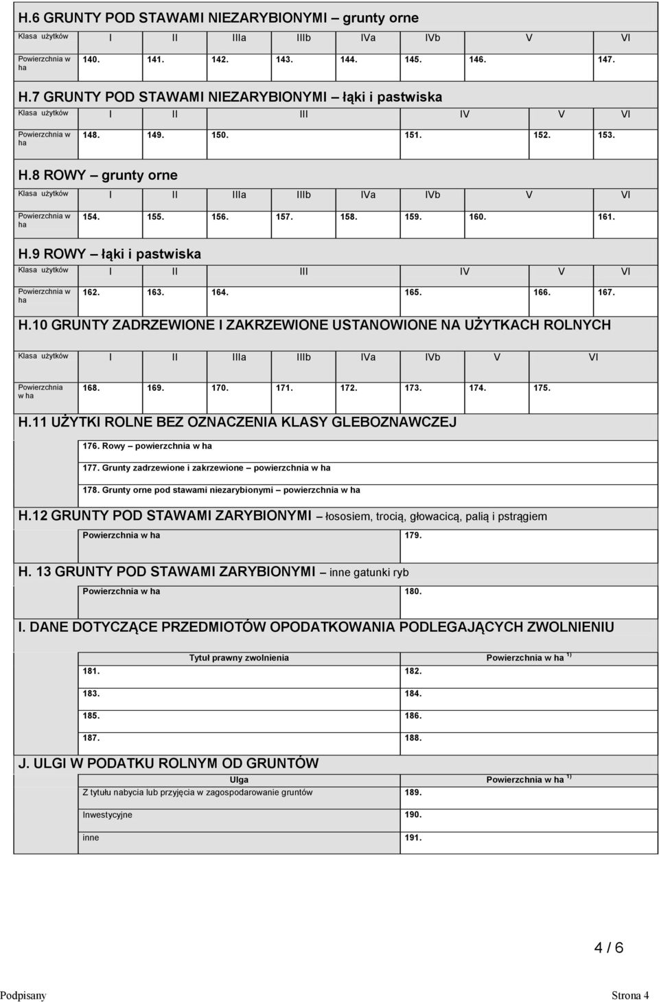 8 ROWY grunty orne Klasa użytków I II IIIa IIIb IVa IVb V VI Powierzchnia w ha 154. 155. 156. 157. 158. 159. 160. 161. H.9 ROWY łąki i pastwiska Klasa użytków I II III IV V VI Powierzchnia w ha 162.