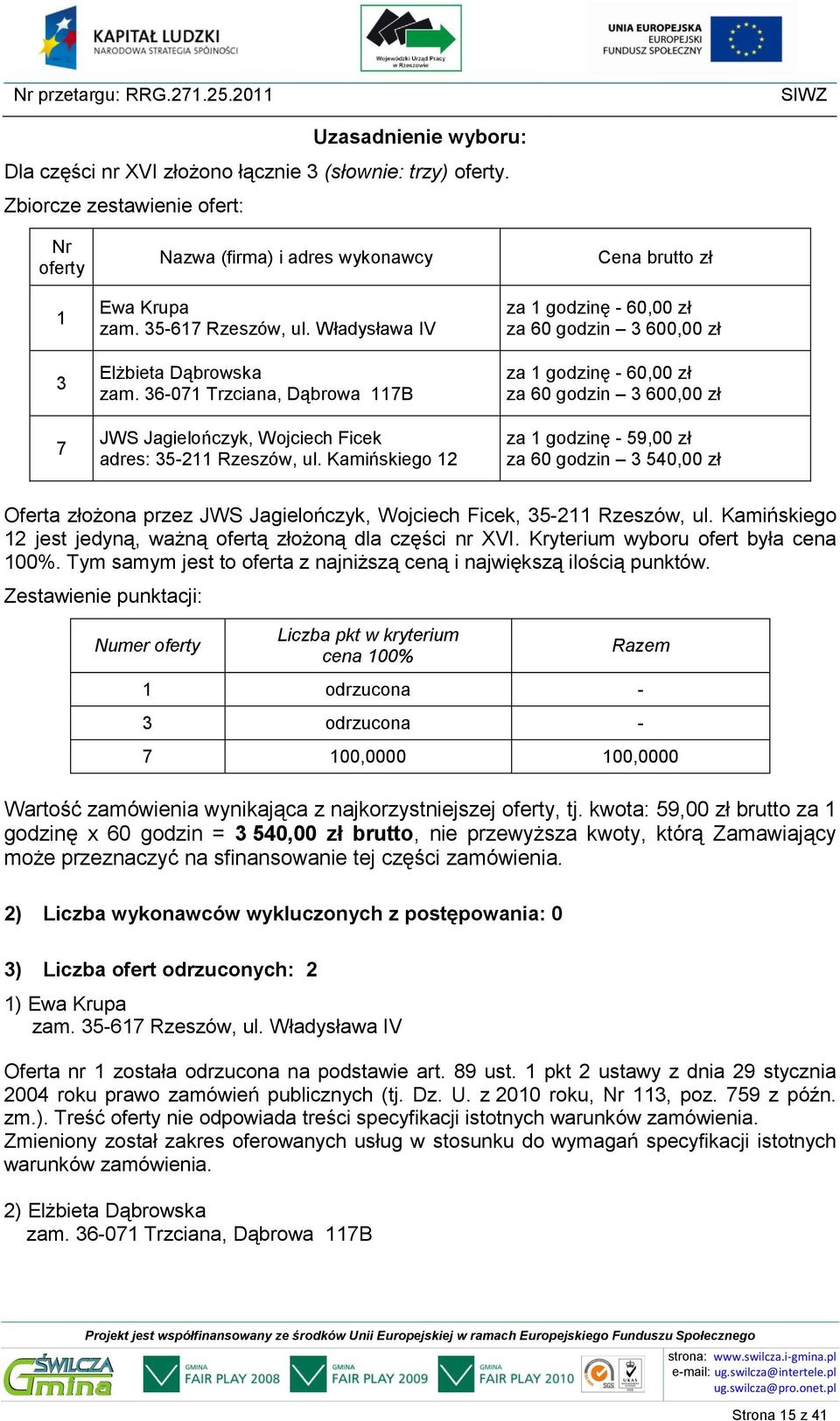 Kamińskiego 12 jest jedyną, ważną ofertą złożoną dla części nr XVI. Kryterium wyboru ofert była cena 100%. Tym samym jest to oferta z najniższą ceną i największą ilością punktów.