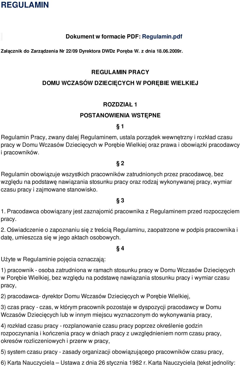 Wczasów Dziecięcych w Porębie Wielkiej oraz prawa i obowiązki pracodawcy i pracowników.