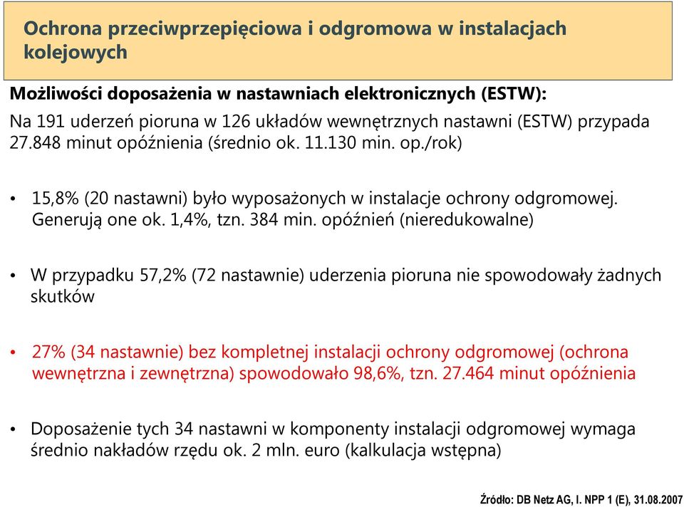 opóźnień (nieredukowalne) W przypadku 57,2% (72 nastawnie) uderzenia pioruna nie spowodowały żadnych skutków 27% (34 nastawnie) bez kompletnej instalacji ochrony odgromowej (ochrona wewnętrzna i