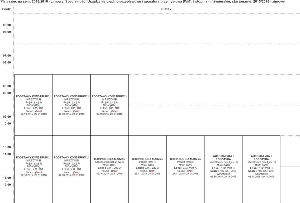 2) Lokal: 205, GG 02.10.2015 22.01.2016 PODSTAWY KONSTRUKCJI MASZYN III Projekt (proj.3) Lokal: 205, GG 02.10.2015 22.01.2016 10:00 11:00 11:00 12:00 PODSTAWY KONSTRUKCJI MASZYN III Projekt (proj.