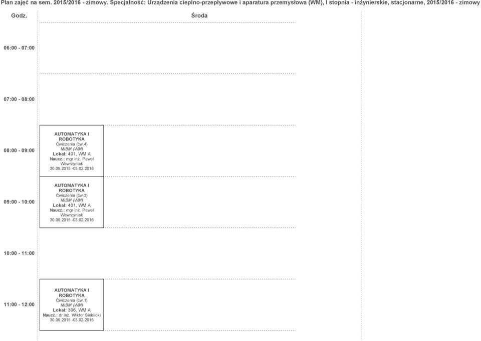 Godz. Środa 06:00 07:00 07:00 08:00 08:00 09:00 Ćwiczenia (ćw.4) Lokal: 401, WM A Naucz.: mgr inż. Paweł Wawrzyniak 30.09.2015 03.