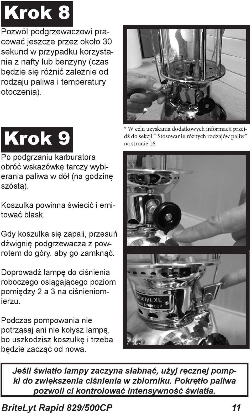 * W celu uzyskania dodatkowych informacji przejdź do sekcji Stosowanie różnych rodzajów paliw na stronie 16. Koszulka powinna świecić i emitować blask.