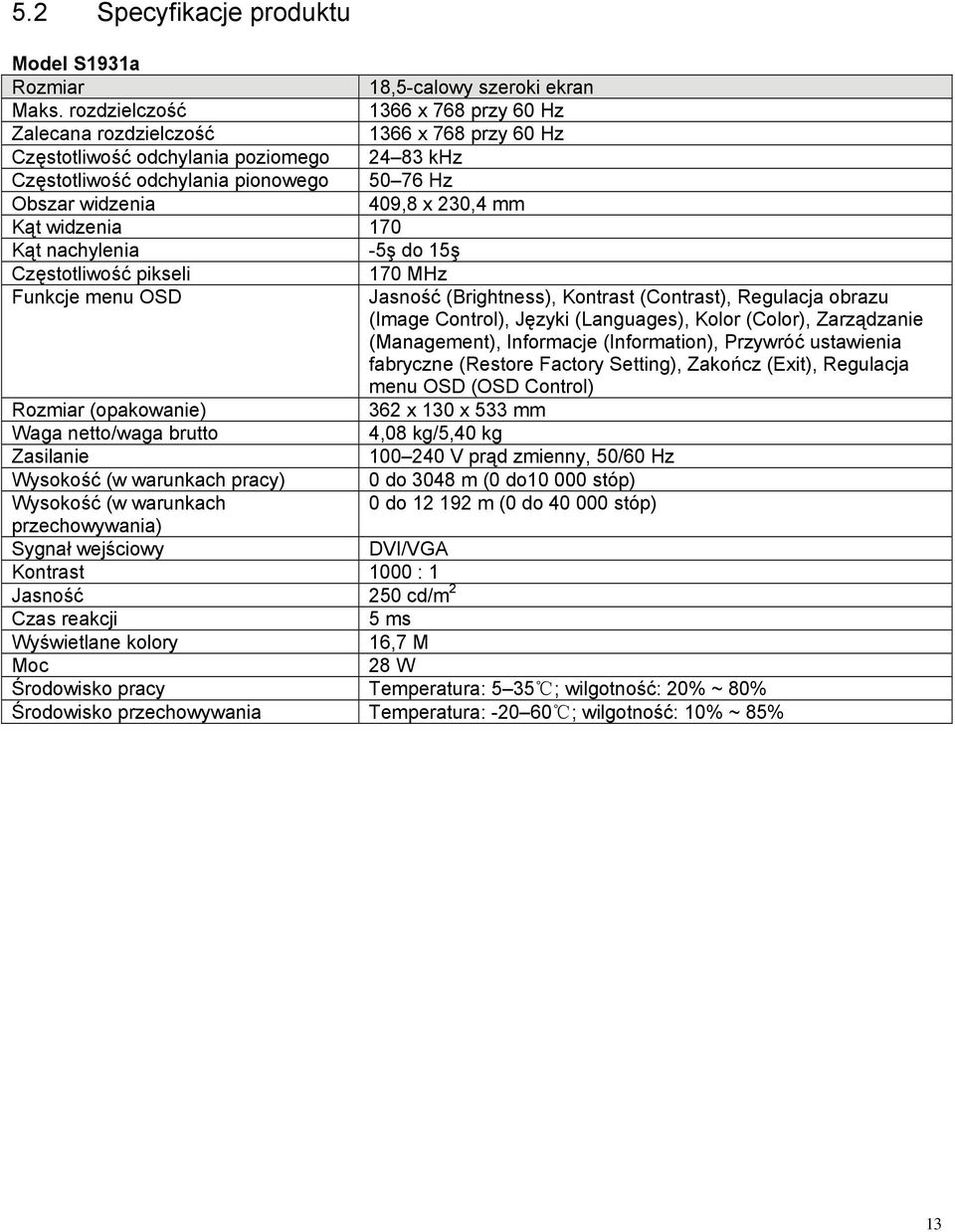 mm Kąt widzenia 170 Kąt nachylenia -5ş do 15ş Częstotliwość pikseli 170 MHz Funkcje menu OSD Jasność (Brightness), Kontrast (Contrast), Regulacja obrazu (Image Control), Języki (Languages), Kolor