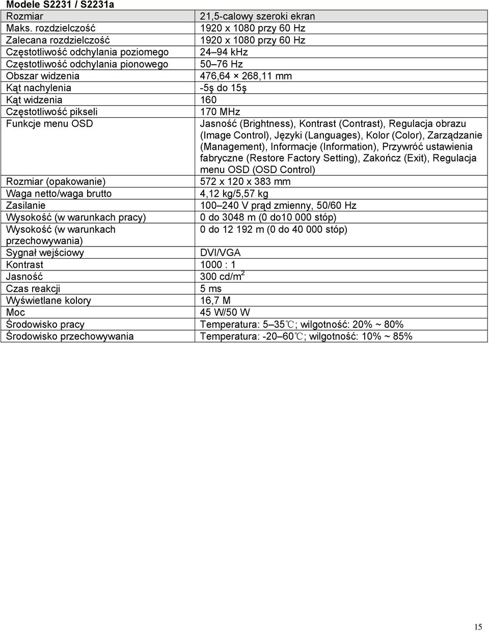 268,11 mm Kąt nachylenia -5ş do 15ş Kąt widzenia 160 Częstotliwość pikseli 170 MHz Funkcje menu OSD Jasność (Brightness), Kontrast (Contrast), Regulacja obrazu (Image Control), Języki (Languages),