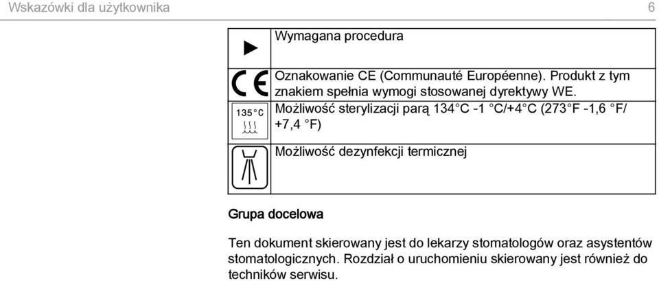 Możliwość sterylizacji parą 134 C -1 C/+4 C (273 F -1,6 F/ +7,4 F) Możliwość dezynfekcji termicznej Grupa