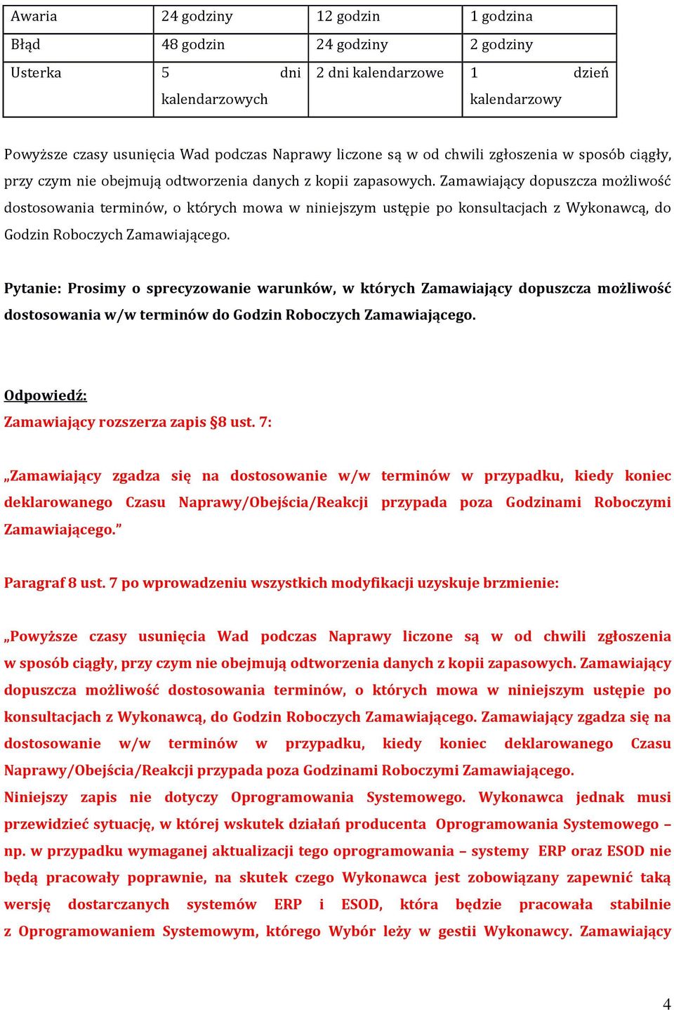 Zamawiający dopuszcza możliwość dostosowania terminów, o których mowa w niniejszym ustępie po konsultacjach z Wykonawcą, do Godzin Roboczych Zamawiającego.