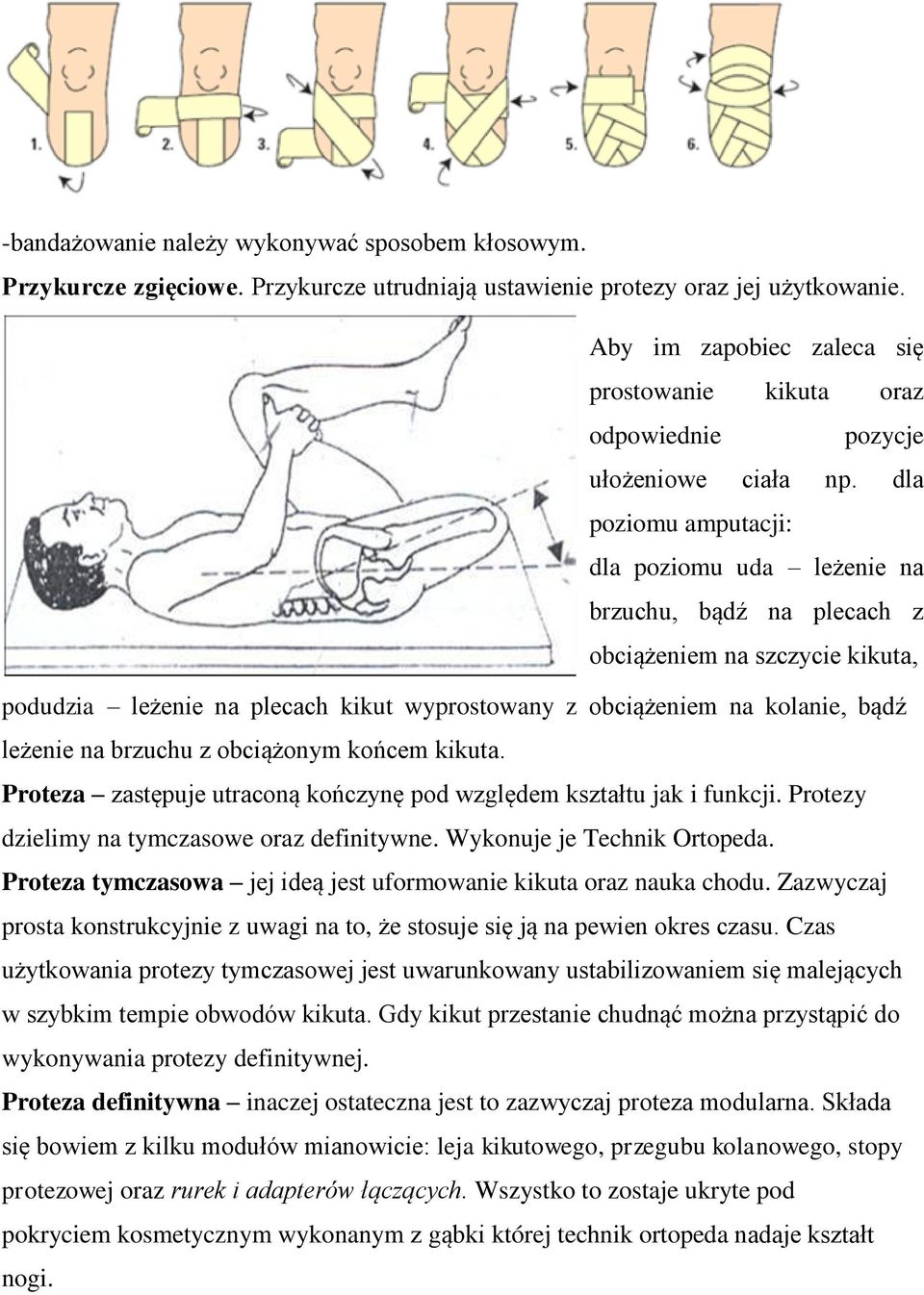 dla poziomu amputacji: dla poziomu uda leżenie na brzuchu, bądź na plecach z obciążeniem na szczycie kikuta, podudzia leżenie na plecach kikut wyprostowany z obciążeniem na kolanie, bądź leżenie na