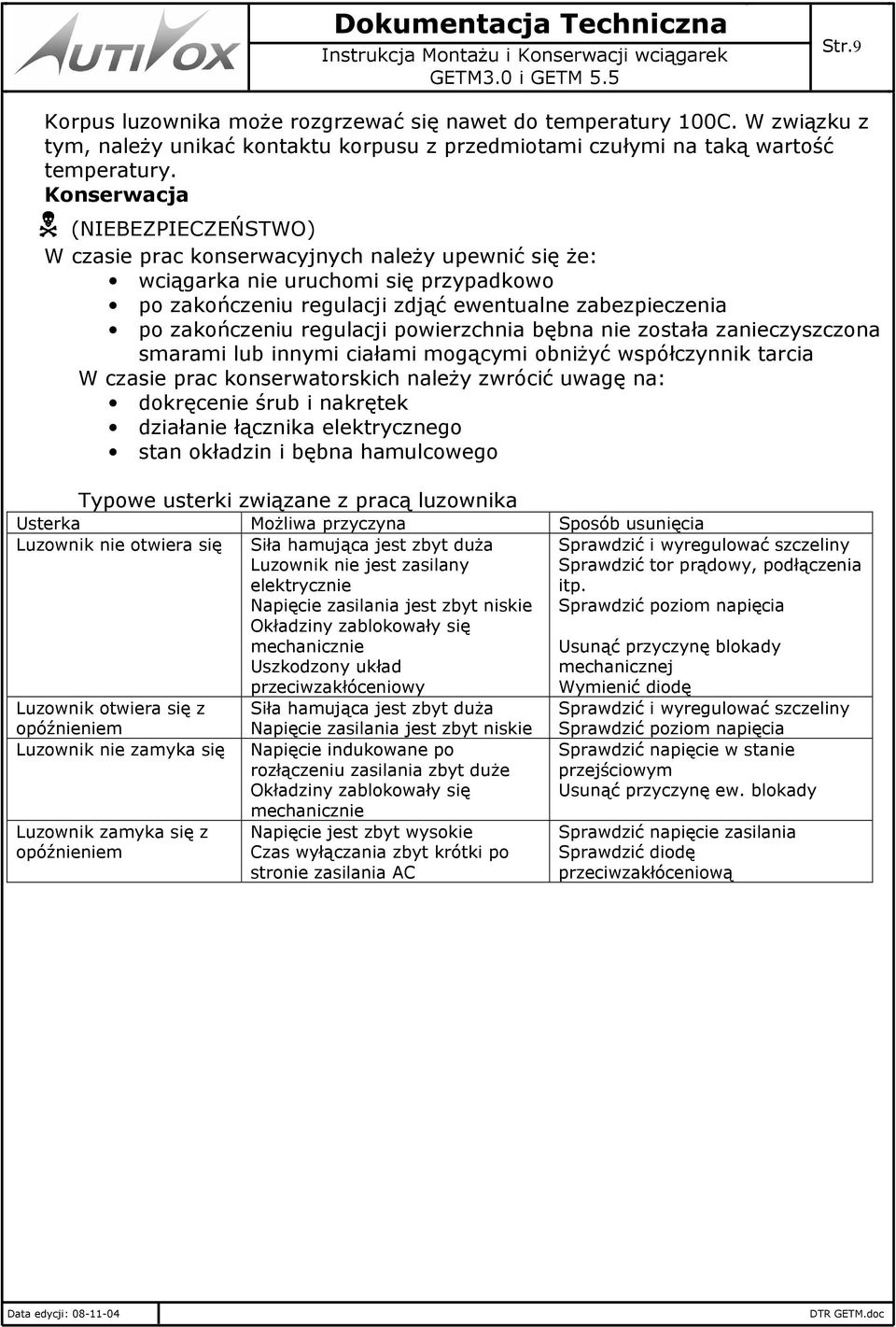 regulacji powierzchnia bębna nie została zanieczyszczona smarami lub innymi ciałami mogącymi obniżyć współczynnik tarcia W czasie prac konserwatorskich należy zwrócić uwagę na: dokręcenie śrub i