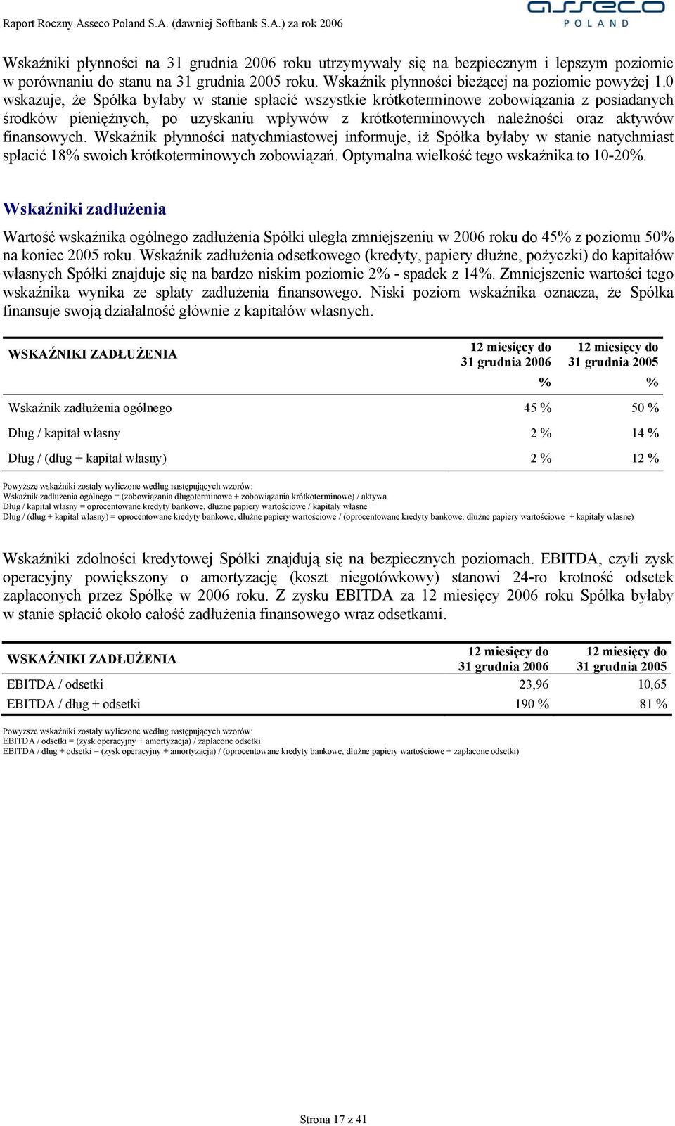 Wskaźnik płynności natychmiastowej informuje, iż Spółka byłaby w stanie natychmiast spłacić 18% swoich krótkoterminowych zobowiązań. Optymalna wielkość tego wskaźnika to 10-20%.