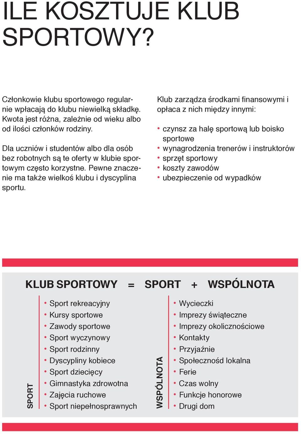 Klub zarządza środkami finansowymi i opłaca z nich między innymi: czynsz za halę sportową lub boisko sportowe wynagrodzenia trenerów i instruktorów sprzęt sportowy koszty zawodów ubezpieczenie od