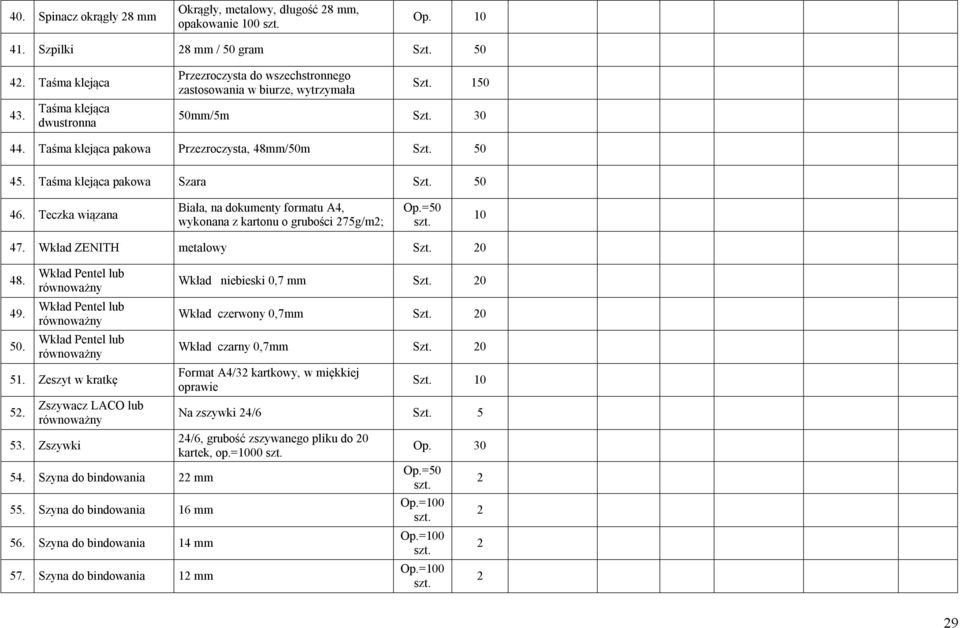 Taśma klejąca pakowa Szara Szt. 0 46. Teczka wiązana Biała, na dokumenty formatu A4, wykonana z kartonu o grubości 7g/m; 47. Wkład ZENITH metalowy Szt. 0 48. 49. 0. 1. Zeszyt w kratkę.