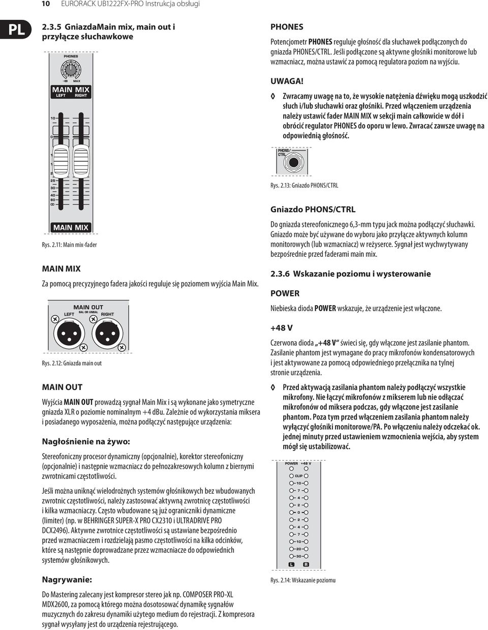 Jeśli podłączone są aktywne głośniki monitorowe lub wzmacniacz, można ustawić za pomocą regulatora poziom na wyjściu. 1 MA X MAIN MIX LEFT RIGHT UWAGA!