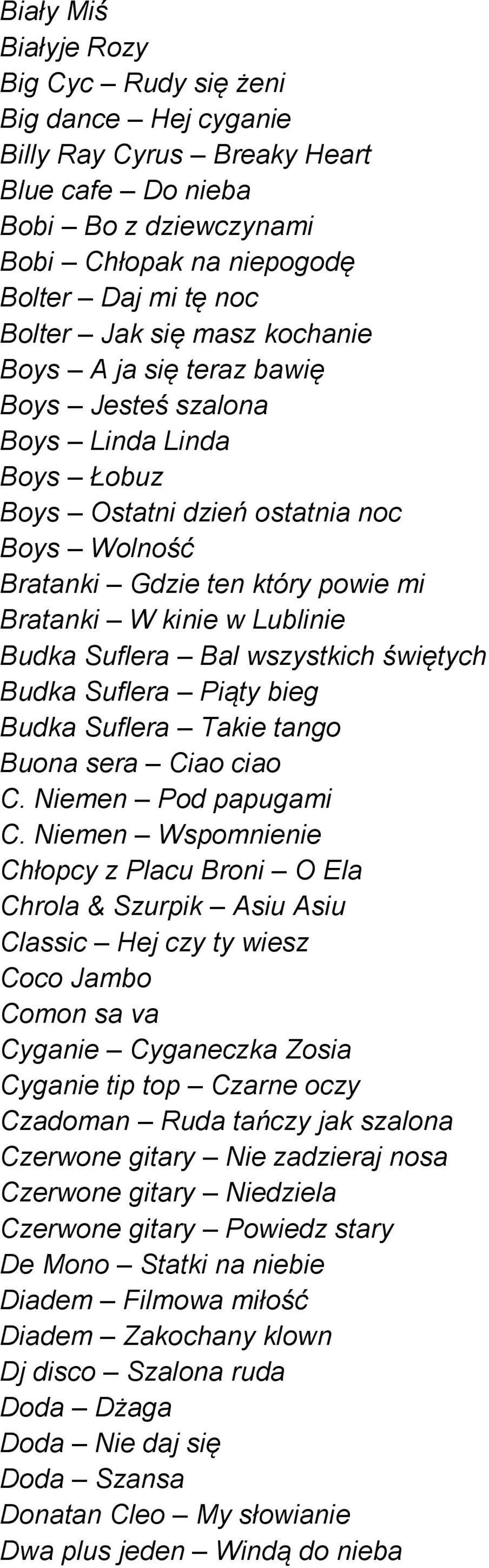 Budka Suflera Bal wszystkich świętych Budka Suflera Piąty bieg Budka Suflera Takie tango Buona sera Ciao ciao C. Niemen Pod papugami C.