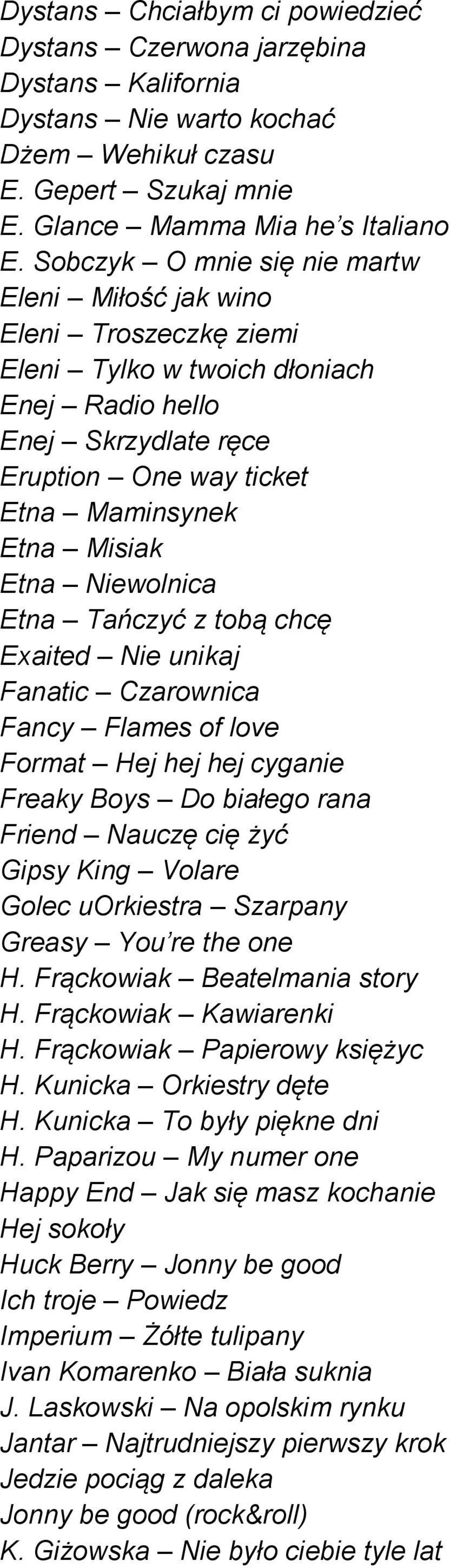 Niewolnica Etna Tańczyć z tobą chcę Exaited Nie unikaj Fanatic Czarownica Fancy Flames of love Format Hej hej hej cyganie Freaky Boys Do białego rana Friend Nauczę cię żyć Gipsy King Volare Golec