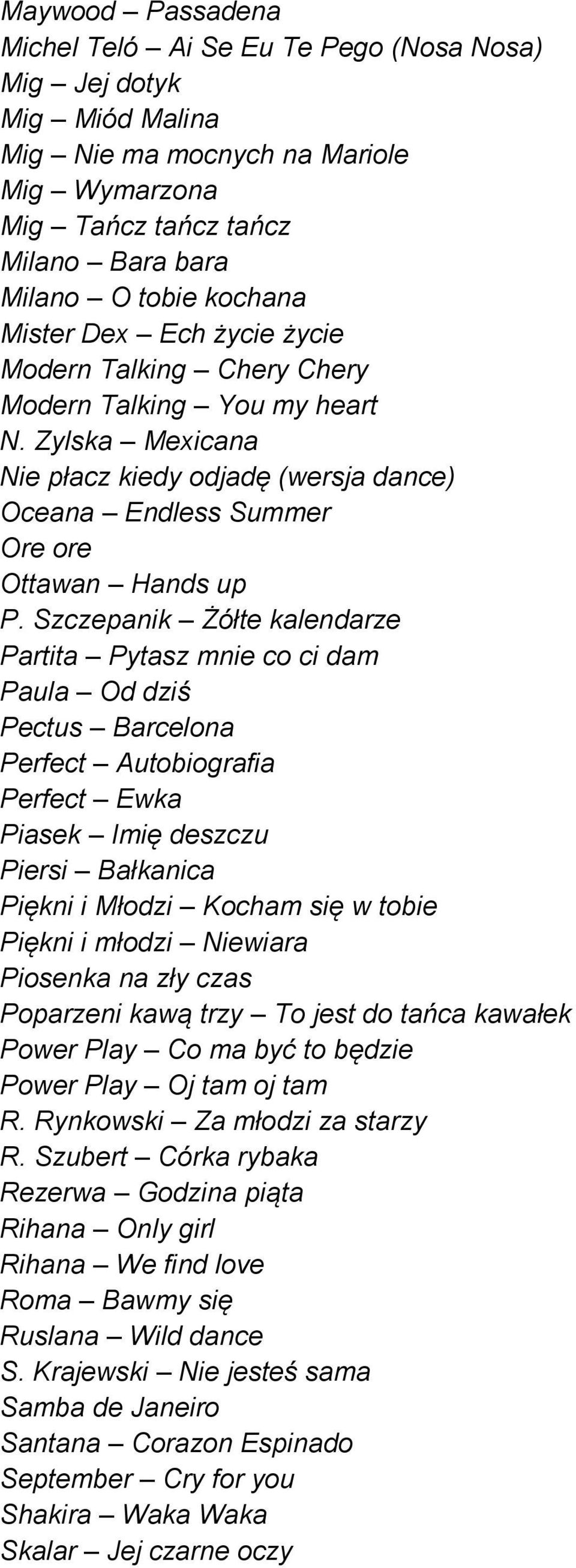 Szczepanik Żółte kalendarze Partita Pytasz mnie co ci dam Paula Od dziś Pectus Barcelona Perfect Autobiografia Perfect Ewka Piasek Imię deszczu Piersi Bałkanica Piękni i Młodzi Kocham się w tobie