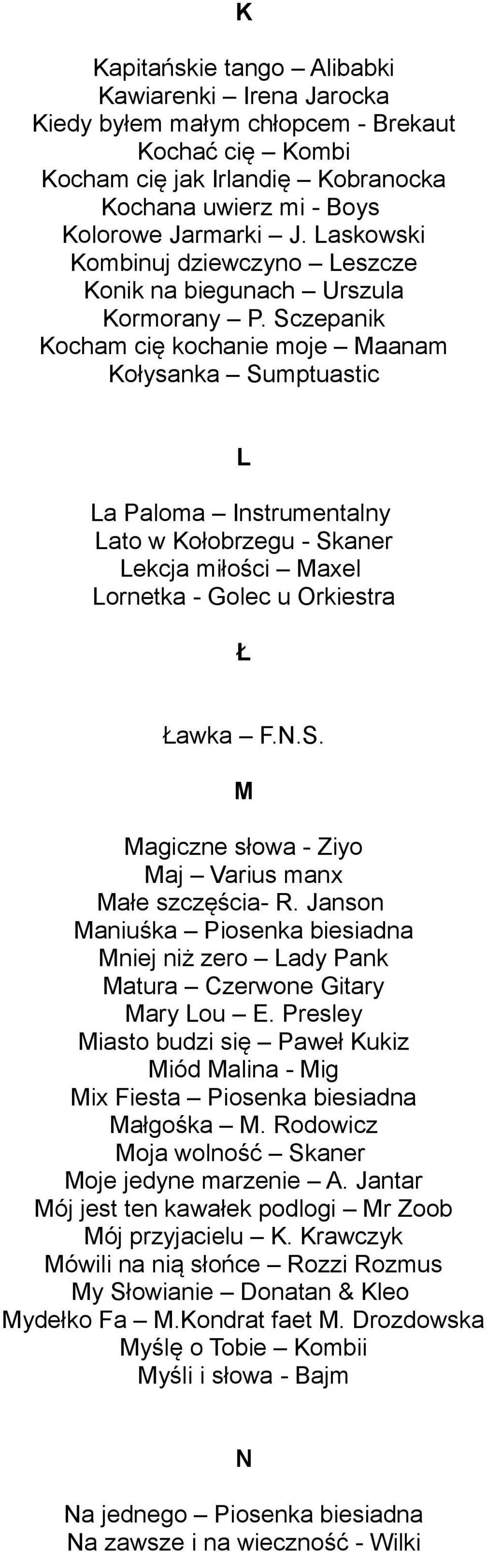 Sczepanik Kocham cię kochanie moje Maanam Kołysanka Sumptuastic L La Paloma Instrumentalny Lato w Kołobrzegu - Skaner Lekcja miłości Maxel Lornetka - Golec u Orkiestra Ł Ławka F.N.S. M Magiczne słowa - Ziyo Maj Varius manx Małe szczęścia- R.