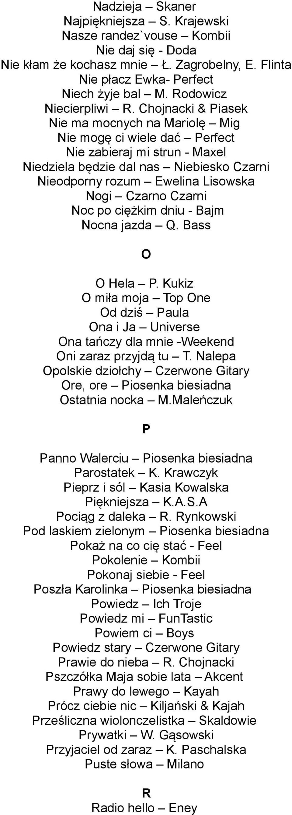Chojnacki & Piasek Nie ma mocnych na Mariolę Mig Nie mogę ci wiele dać Perfect Nie zabieraj mi strun - Maxel Niedziela będzie dal nas Niebiesko Czarni Nieodporny rozum Ewelina Lisowska Nogi Czarno