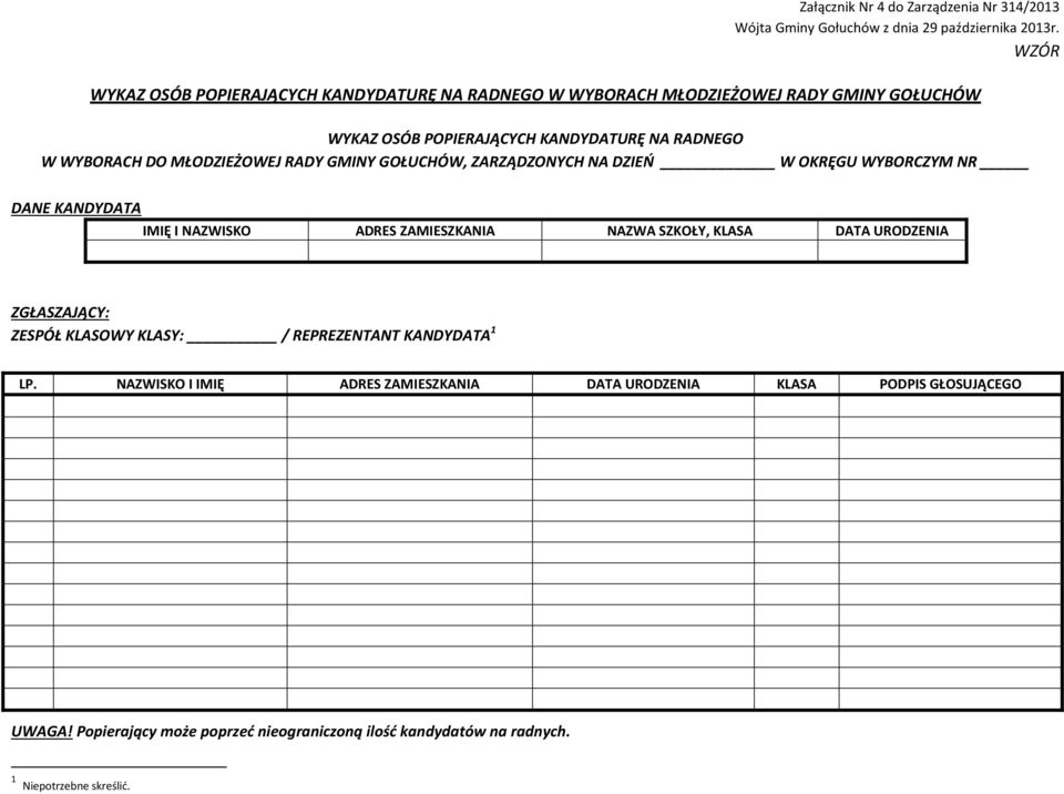 MŁODZIEŻOWEJ RADY GMINY GOŁUCHÓW, ZARZĄDZONYCH NA DZIEŃ W OKRĘGU WYBORCZYM NR DANE KANDYDATA IMIĘ I NAZWISKO ADRES ZAMIESZKANIA NAZWA SZKOŁY, KLASA DATA URODZENIA