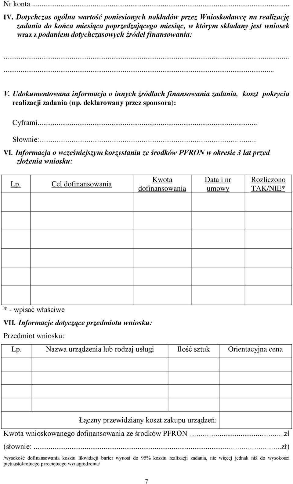 źródeł finansowania:... V. Udokumentowana informacja o innych źródłach finansowania zadania, koszt pokrycia realizacji zadania (np. deklarowany przez sponsora): Cyframi... Słownie:... VI.