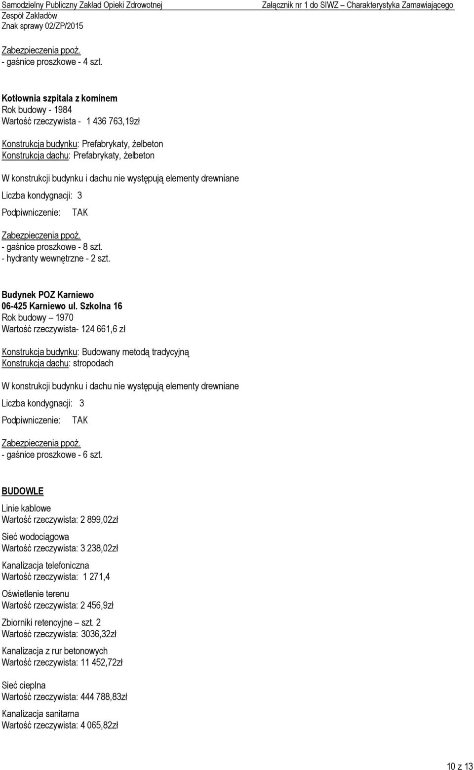 8 szt. - hydranty wewnętrzne - 2 szt. Budynek POZ Karniewo 06-425 Karniewo ul.