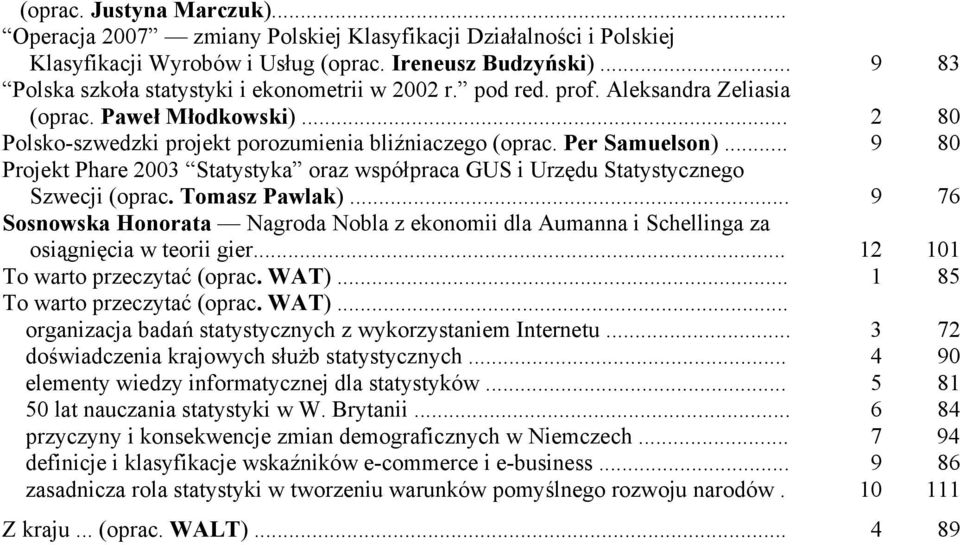 .. 9 80 Projekt Phare 2003 Statystyka oraz współpraca GUS i Urzędu Statystycznego Szwecji (oprac. Tomasz Pawlak).