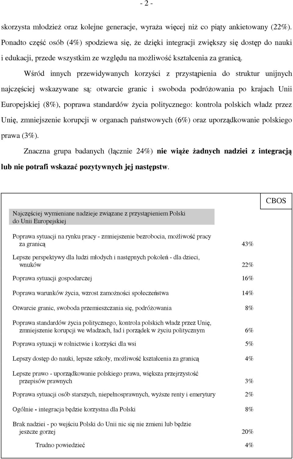 Wśród innych przewidywanych korzyści z przystąpienia do struktur unijnych najczęściej wskazywane są: otwarcie granic i swoboda podróżowania po krajach Unii Europejskiej (8%), poprawa standardów życia