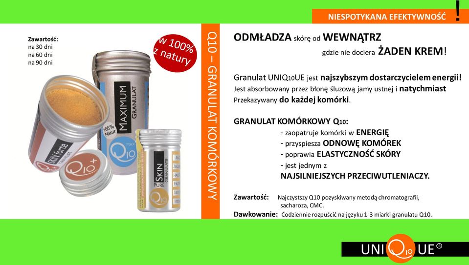 GRANULAT KOMÓRKOWY Q10: - zaopatruje komórki w ENERGIĘ - przyspiesza ODNOWĘ KOMÓREK - poprawia ELASTYCZNOŚD SKÓRY - jest jednym z NAJSILNIEJSZYCH