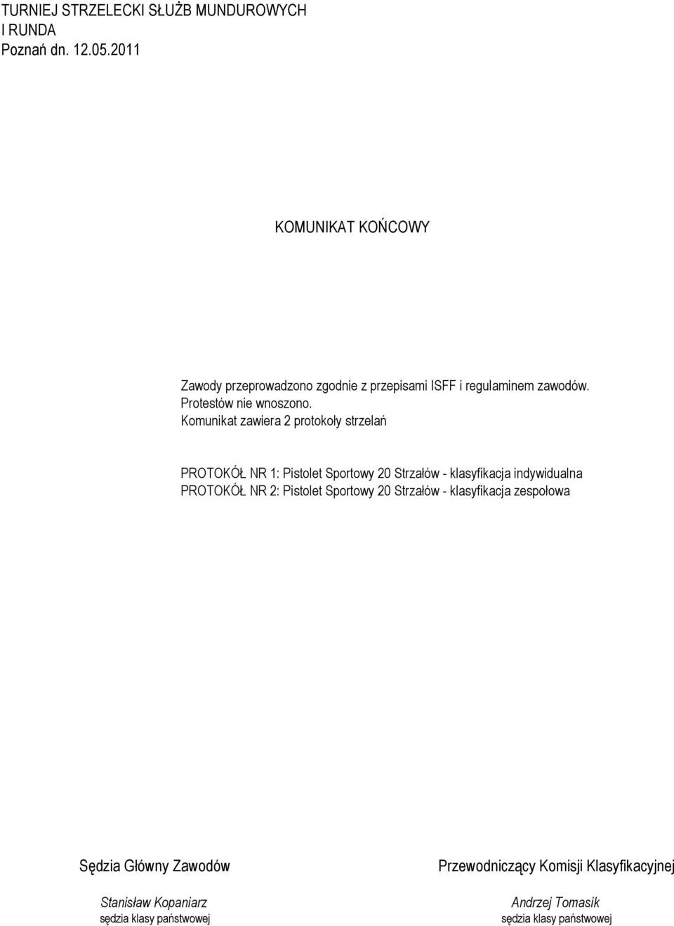 Komunikat zawiera 2 protokoły strzelań PROTOKÓŁ NR 1: Pistolet Sportowy 2 Strzałów - klasyfikacja indywidualna