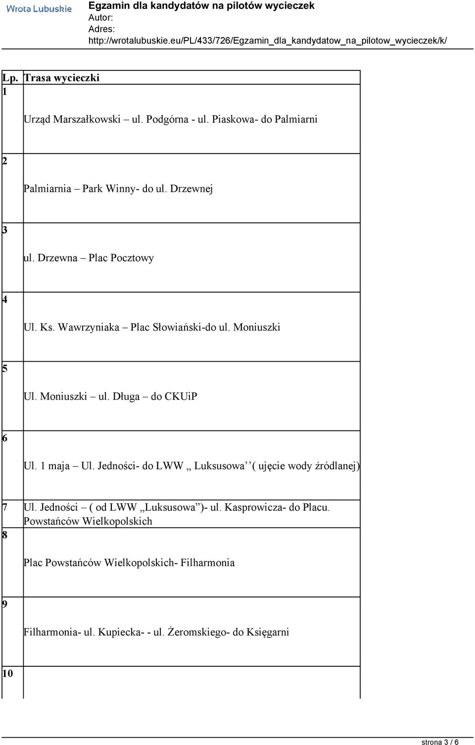 Jedności- do LWW Luksusowa ( ujęcie wody źródlanej) 7 Ul. Jedności ( od LWW Luksusowa )- ul. Kasprowicza- do Placu.