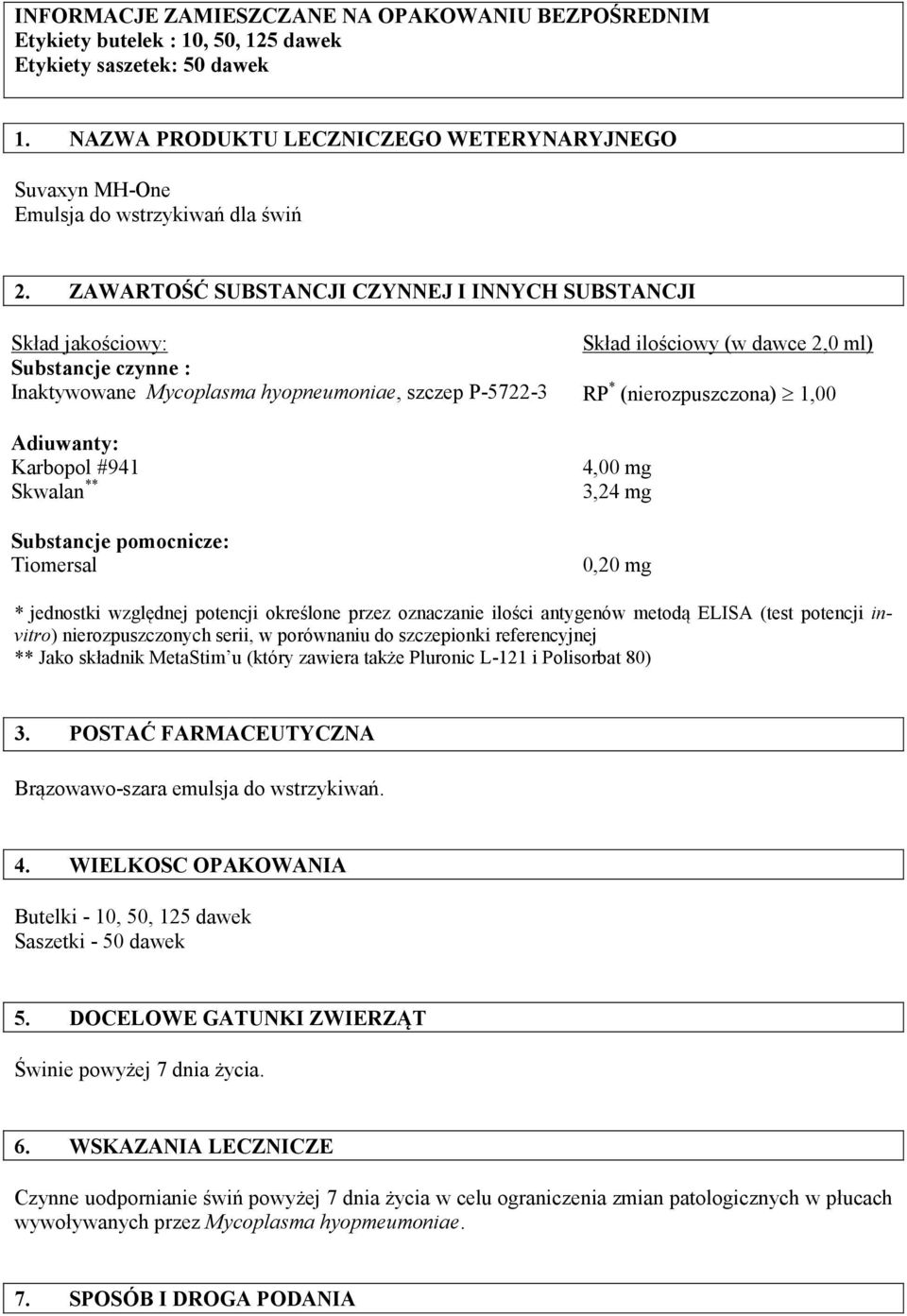 ZAWARTOŚĆ SUBSTANCJI CZYNNEJ I INNYCH SUBSTANCJI Skład jakościowy: Skład ilościowy (w dawce 2,0 ml) Substancje czynne : Inaktywowane Mycoplasma hyopneumoniae, szczep P-5722-3 RP * (nierozpuszczona)