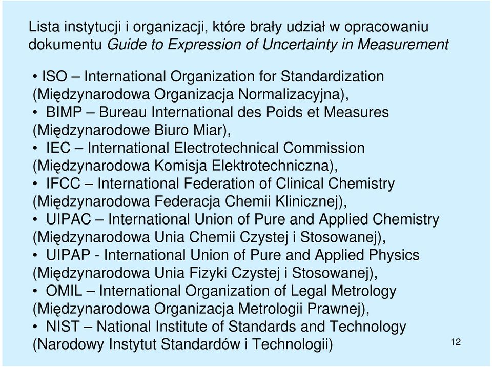 IFCC International Federation of Clinical Chemistry (Międzynarodowa Federacja Chemii Klinicznej), UIPAC International Union of Pure and Applied Chemistry (Międzynarodowa Unia Chemii Czystej i