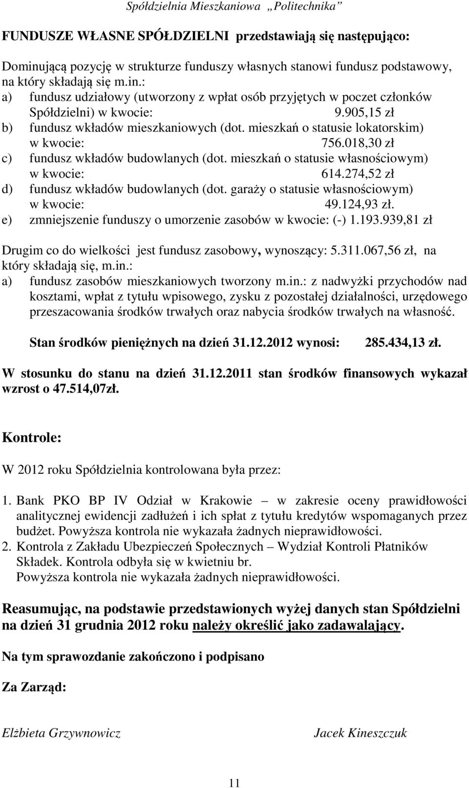 274,52 zł d) fundusz wkładów budowlanych (dot. garaży o statusie własnościowym) w kwocie: 49.124,93 zł. e) zmniejszenie funduszy o umorzenie zasobów w kwocie: (-) 1.193.