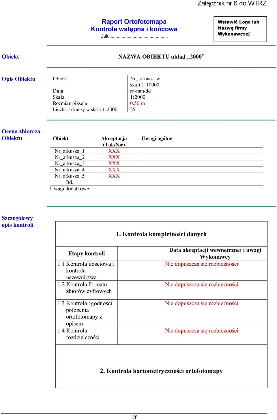 Nr_arkusza_5 XXX Itd. Uwagi dodatkowe: Uwagi ogólne Szczegółowy opis kontroli 1. Kontrola kompletności danych 1.1 Kontrola ilościowa i kontrola nazewnictwa 1.