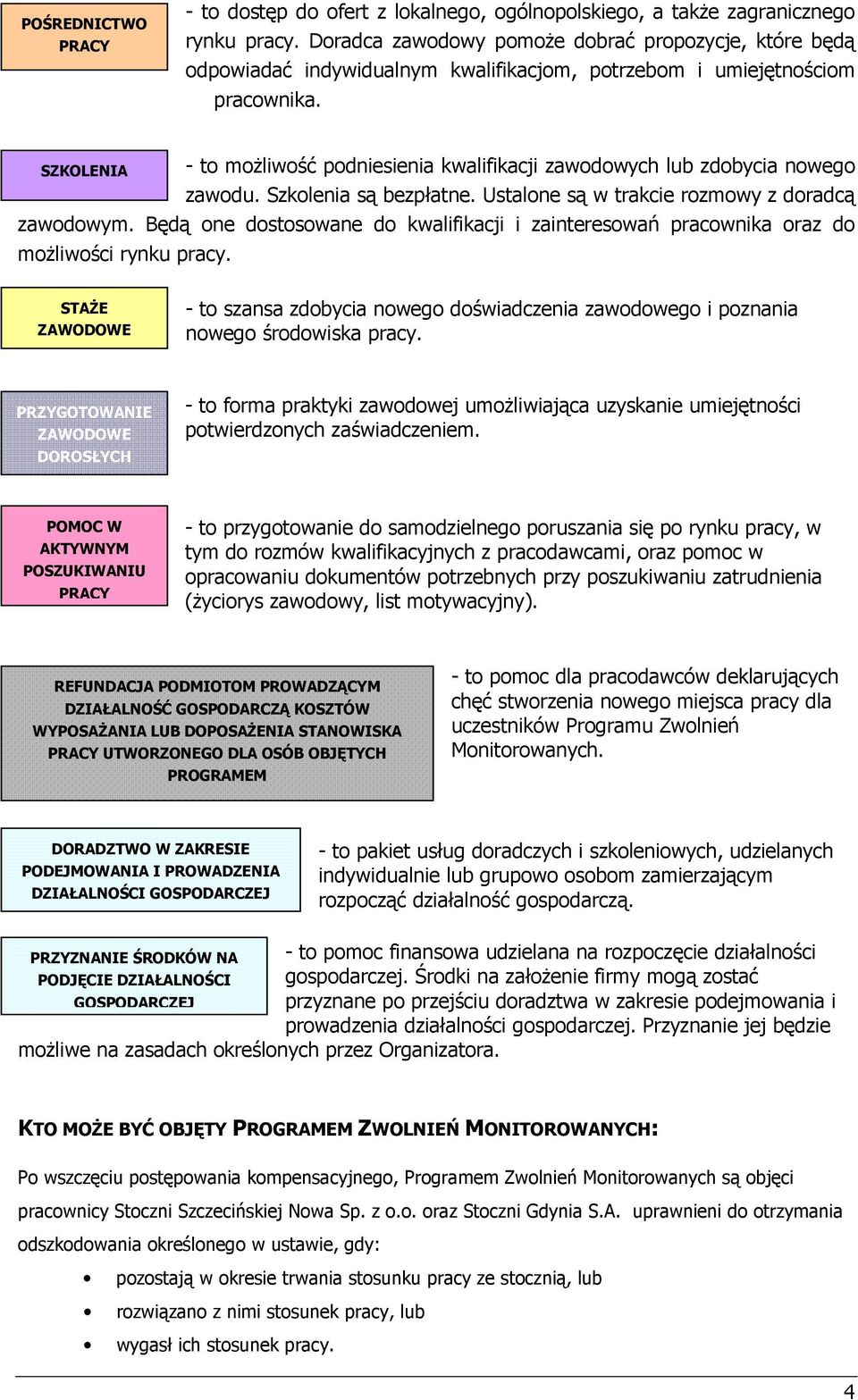 SZKOLENIA - to możliwość podniesienia kwalifikacji zawodowych lub zdobycia nowego zawodu. Szkolenia są bezpłatne. Ustalone są w trakcie rozmowy z doradcą zawodowym.